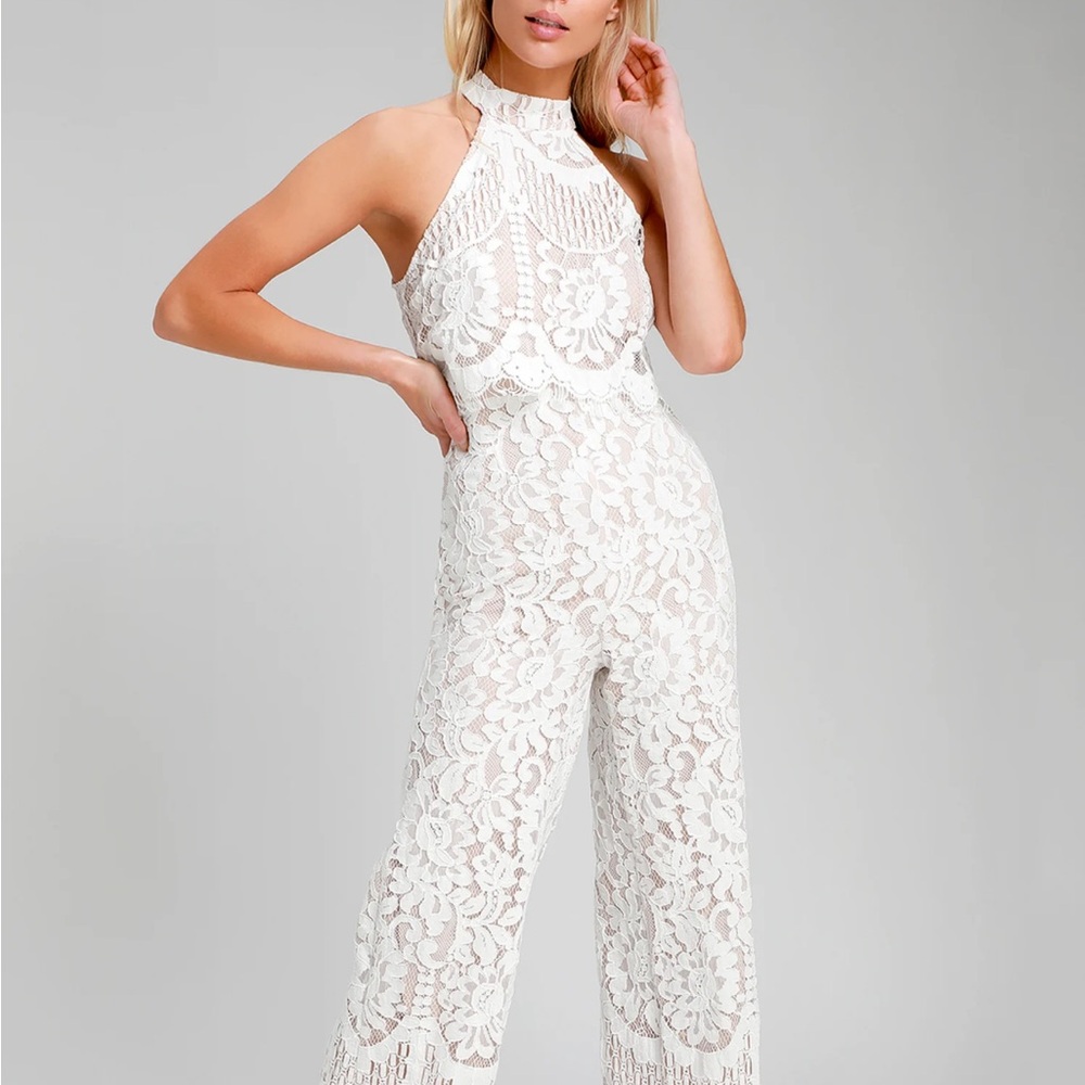 Lulu's White Lace Halter Jumpsuit